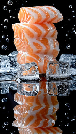 Vibrant salmon cuts layered on glistening ice, accented by dynamic water splashes and bubbles, set against a dark backdrop for a striking, high-contraの写真素材