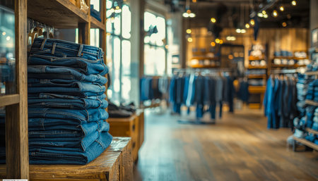 Durable denim stacks meticulously arranged on a rustic wooden shelf, evoking a cozy boutique ambiance perfect for casual fashion displays.の写真素材