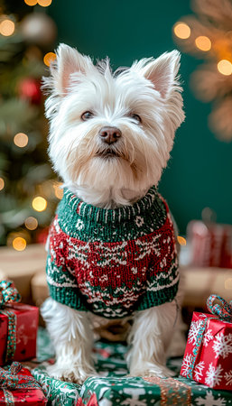 A charming white pup in a cozy holiday sweater, nestled among colorful gifts and shimmering ornaments, radiating joyful Christmas cheer.の写真素材