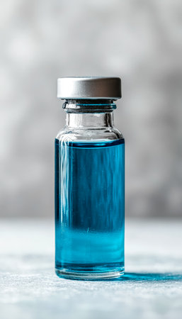 A tiny, clear glass container with a sleek silver top holds vibrant azure fluid, set against a plain, muted backdrop, evoking scientific precision andの写真素材