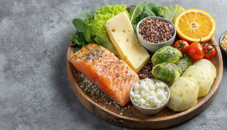 An artfully arranged platter features vibrant salmon fillet, colorful vegetables, cheeses, and grains, exuding freshness and culinary elegance.の写真素材