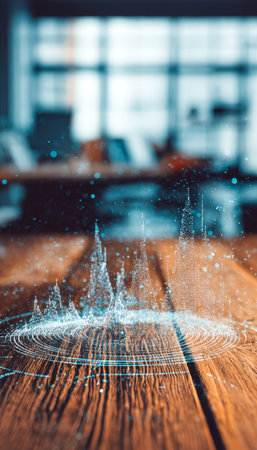 Sleek holographic data projections hover above a rustic wooden surface, blending advanced tech with a contemporary workspace ambianceの写真素材