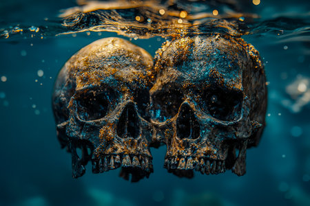 Eerily submerged, twin skulls drift in shimmering water, their hollow eyes capturing shifting light, surrounded by rising bubbles and haunting reflectの写真素材