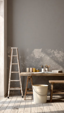 A cozy, vintage studio featuring a sturdy wooden work surface, an old ladder, and colorful art tools...