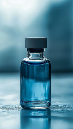 A vibrant blue glass vial stands poised on a shiny surface, softly illuminated with a blurred...