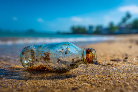 An abandoned glass vessel rests partially buried in fine sands, with the vast ocean and a cloudy sky stretching into the horizon behind.の写真素材