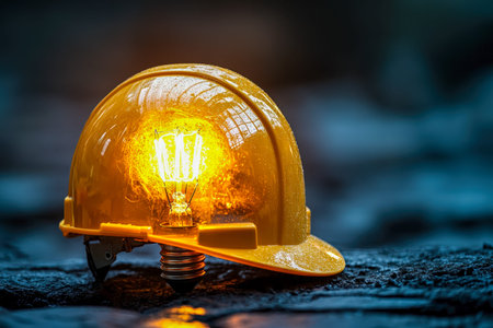 A luminous safety helmet with an internal glowing bulb rests on a rough surface, casting a subtle...
