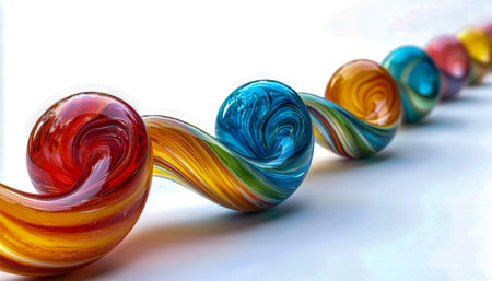 Vibrant, elongated glass spirals with swirling hues aligned neatly on a plain white backdrop,...