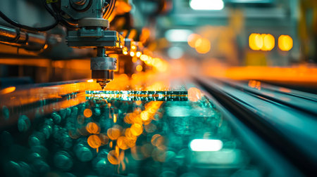 A high-tech robotic device precisely fuses metal components in a bustling factory setting,...