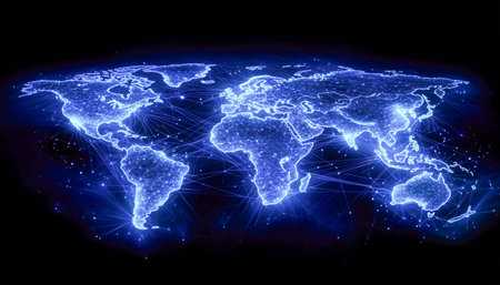 A luminous digital map highlighting key connection hubs across continents, emphasizing worldwide...