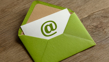 A vibrant green envelope slightly open, revealing a sleek business card with an at symbol, placed on...