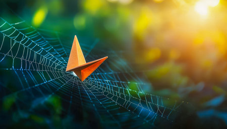 A delicate paper vessel rests on shimmering spider silk amidst dawn's misty woods, evoking a...