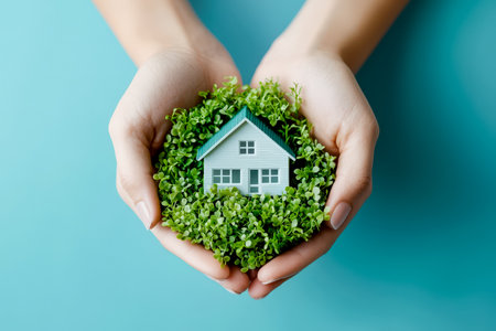 A pair of gentle hands cradles a miniature home amid lush foliage, evoking harmony between eco-conscious design and nurturing sustainable communities.の写真素材