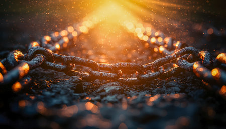 A macro shot of weathered chain segments resting on dark terrain, illuminated by an ambient orange glow and scattered sparks creating a dramatic atmosの写真素材