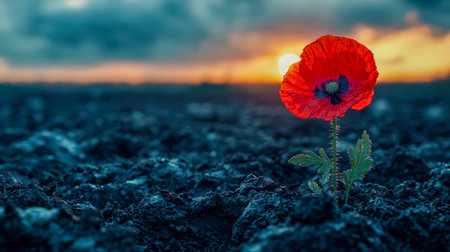 Vibrant red poppy flower blooming in dark soil during sunsetの写真素材