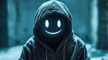A solitary figure in a hoodie stands amidst a shadowy cityscape, their face illuminated by a vibrant, cheerful emoticon glow, creating a mysterious yeの写真素材