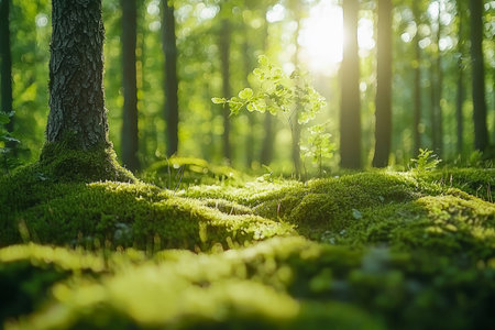 Gentle sunlight streams through vibrant foliage, illuminating a soft mossy carpet beneath towering trees, evoking peaceful woodland serenity.の写真素材