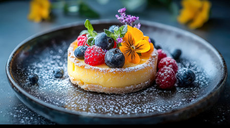 A luscious cheesecake adorned with vibrant berries, delicate edible blooms, and a dusting of powdered sugar, exuding elegance on a dark ceramic plate.の写真素材