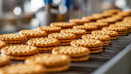 Warm, golden cookies are arranged on a bustling bakery conveyor, promising delightful treats ready...