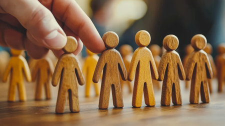 A person arranges a solitary wooden figure to stand out among diverse handcrafted figures on a workspace, symbolizing leadership and individuality.の写真素材