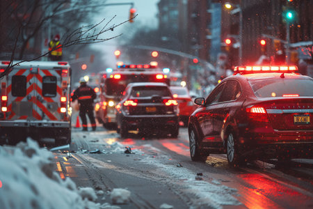 Urban winter road accident traffic collision with emergency response vehicle in city settingの写真素材
