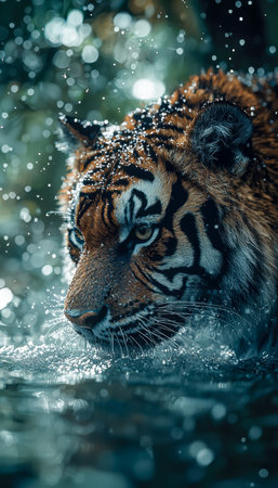 A fierce tiger slices through shimmering water, creating energetic splashes amid a softly blurred, luminous background for dynamic wildlife capture.の写真素材