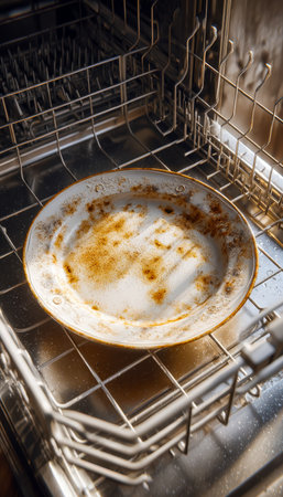 A soiled ceramic dish cluttered with crusted food remnants and baked-on grime, awaiting thorough cleaning inside an appliance.の写真素材