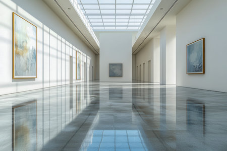 A sleek gallery space bathed in daylight showcases vivid, geometric abstract artworks on pristine...
