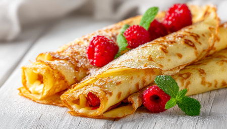 Thin, golden-brown pancakes overflowing with creamy cheese and vibrant berries, adorned with juicy raspberries and fragrant mint for a tempting treat.の写真素材