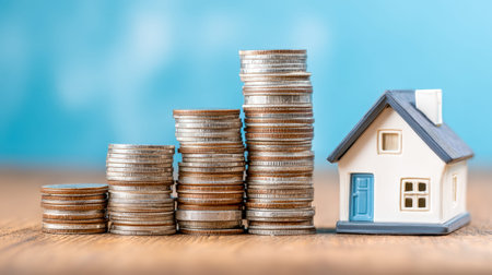Tall stacks of coins grow larger beside a tiny house, symbolizing growing property investments,...