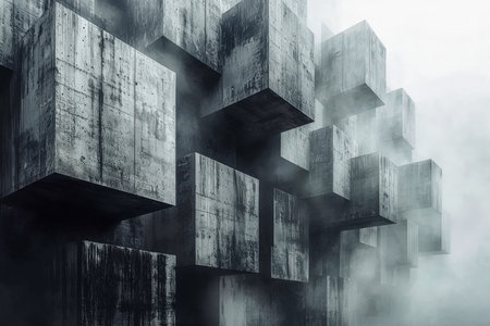 Geometric concrete cubes emerge through a veiled fog, showcasing a blend of minimalist design and atmospheric mystery in contemporary urban scenery.の写真素材