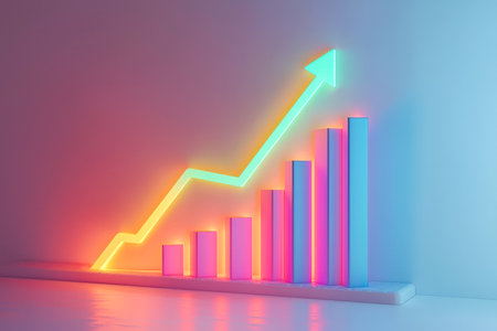 Vibrant 3d bars illuminated with multicolored glow rise dynamically, topped by an arrow signifying expanding success and thriving enterprise prospectsの写真素材