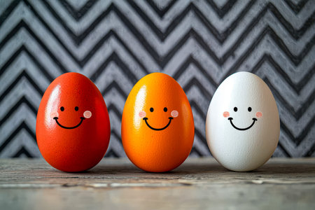 Three cheerful, vibrantly painted eggs with smiling faces rest on textured wood, set against a...