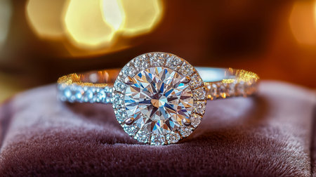 A shimmering engagement ring featuring a central stone surrounded by a delicate halo, basking in...