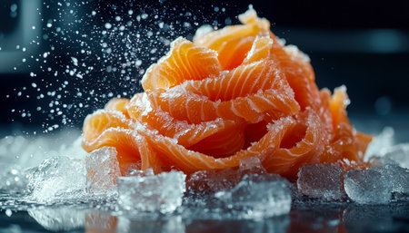 Vibrant salmon fillets glisten on crushed ice, caught mid-splash, evoking freshness and cool luxury perfect for seafood displays or gourmet menus.の写真素材