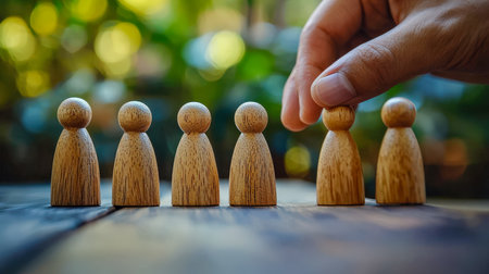 A close-up of a hand picking colorful timber game elements from a rustic table amid lush greenery, conveying playful strategy in nature.の写真素材