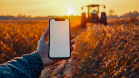A silhouetted individual captures a vintage tractor nestled in a lush farmland, bathed in warm sunset hues, highlighting rural serenity and modern tecの写真素材