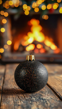 A shimmering black Christmas ball with glitter accents hangs near a warm fireplace, creating a cozy...