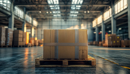 A sturdy cardboard container rests on a wooden pallet amidst warehouse shelves, ready for shipment or storage in an organized industrial setting.の写真素材
