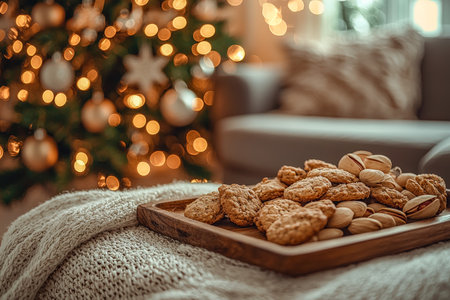 Warm holiday scene featuring fresh baked cookies, crunchy pistachios, and a plush blanket, set against twinkling Christmas tree lights.の写真素材