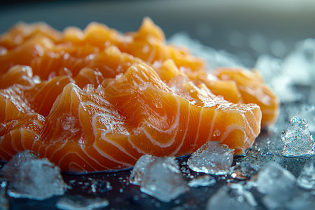Juicy salmon fillets artistically arranged on a cooling bed of ice and glistening cubes, highlighting freshness and quality, ideal for gourmet or seafの写真素材