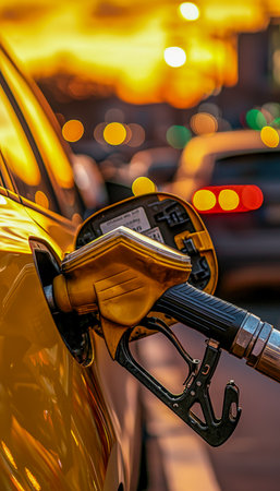 A car connects to a charging station as the vibrant sunset casts warm hues, city skyline lights softly glow in the distance.の写真素材