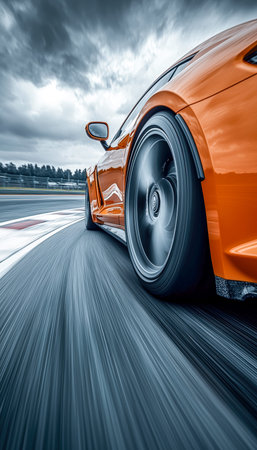 A vivid orange vehicle slices through the track challenges beneath the dark, brooding clouds, capturing adrenaline and the thrill of speed.の写真素材