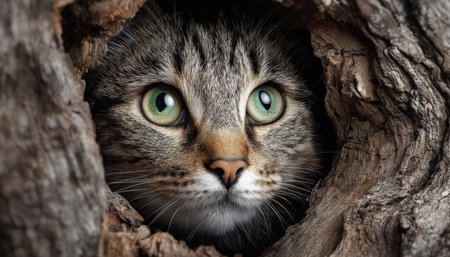 A detailed shot of a lively tabby feline's face as itly cautiously observes from within a tree...