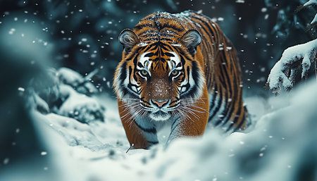 A regal tiger strides silently among frost-covered trees as snowflakes fall, embodying strength and...