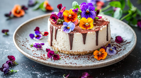 A sophisticated cheesecake adorned with vibrant edible blooms and a delicate chocolate swirl,...