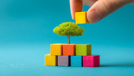 A hand carefully places a vivid yellow cube onto a vibrant stacked structure, topped with a tiny model tree, symbolizing growth and strategic progressの写真素材