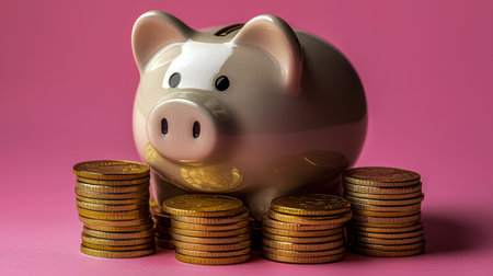 A charming pink piggy bank is encircled by neat stacks of shiny coins, creating a playful yet...
