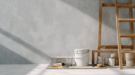 A cozy art corner featuring paintbrushes, cans of paint, and a rustic wooden ladder set against a...