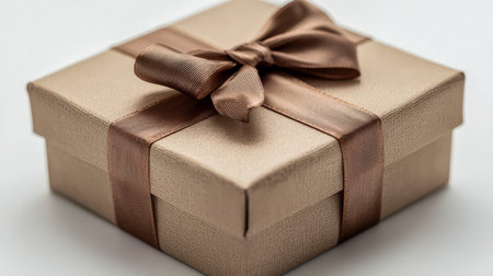 Luxurious beige present adorned with a smooth satin ribbon and delicate bow, perfect for celebrating...